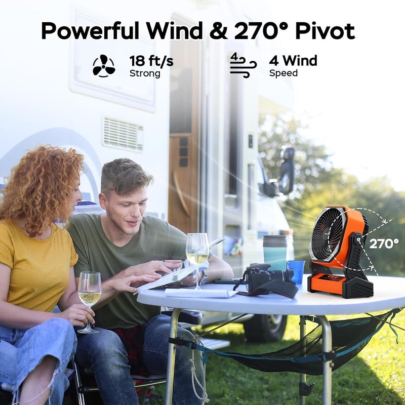 AMACOOL Portable Battery Operated Fan, 20000mAh Rechargeable Camping Fan, 58H Cooling, Tilt Head, 4 Speed Floor Fan with LED Light and Hook for Tent Car Travel Jobsite Fishing Outdoor Hurricane Power Outage - Image 3